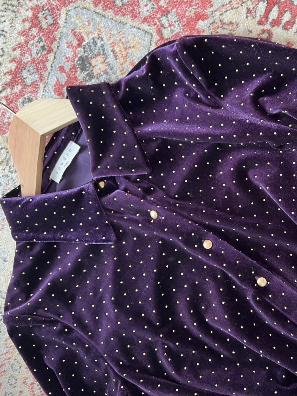 Sandro Paris Purple Velvet Midi Dress Gold Polka Dot XS/S Wedding Guest - Picture 8 of 14